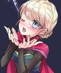 1girls blonde_hair blue_eyes blush cape cum cum_on_eye cum_on_hair cumdrip disney elsa_(frozen) facial female female_only frozen_(film) highres human kokuchuutei one_eye_closed open_mouth princess royalty short_hair solo