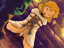 blonde_hair bondage collar female fire_emblem fire_emblem:_mystery_of_the_emblem fire_emblem:_new_mystery_of_the_emblem partial_male peeing rope saikyou_anaheim short_hair small_breasts yuliya_(fire_emblem)