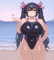 ai_generated alternate_breast_size ass_visible_through_thighs bare_shoulders barely_contained_breasts baxx15 beach black_one-piece_swimsuit blowing_kiss breasts cameltoe cleavage collarbone competition_swimsuit covered_navel female front_view hair_ribbon hand_on_hips highleg highleg_swimsuit illustrious_(stable_diffusion) massive_breasts multicolored_clothes multicolored_swimsuit neptunia_(series) noire noire_(neptunia) one-piece_swimsuit outdoors pink_ribbon red_eyes ribbon solo stable_diffusion standing swimsuit twintails two-tone_swimsuit wet wet_clothes wet_swimsuit