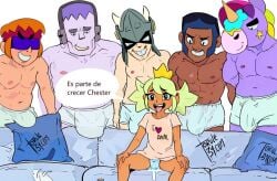 1girls 5boys armchair artist_name before_sex berry_(brawl_stars) blue_panties boxers brawl_stars brock_(brawl_stars) buster_(brawl_stars) clothed crown draco_(brawl_stars) erect_penis erection fluids_genitals frank_(brawl_stars) green_hair huge_cock i_love_anal mandy_(brawl_stars) open_legs open_mouth panties pillow piper_perri_surrounded purple_skin sitting smile spanish_text tagme teeth tongue_out torule34
