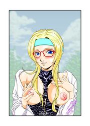 areolae blonde_hair blue_eyes blush blushing blushing_at_viewer bondage diana_caprice female glasses headband iio_tetsuaki nipples outdoor sakura_taisen sakura_taisen_v sakura_wars