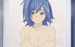 1girls aichi_sendou blue_hair blush breasts cardfight!!_vanguard cleavage edit female female_only medium_breasts nude photoshop rule_63