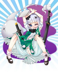 1girls armpits arms_up bloomers bloomers_(victorian) blue_eyes blush bob_cut cartoony damaged female female_only katana mary_janes one_eye_closed pussy sash scabbard shaved_crotch sheathed silver_hair solo sword t.o.d torn_clothes touhou underwear weapon youmu_konpaku youmu_konpaku_(ghost)