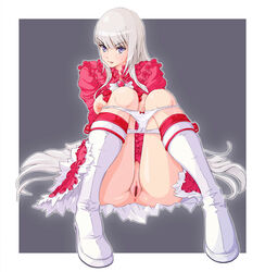 anus bangs blunt_bangs boots breasts censored dress emilie_de_rochefort female frills jeibii long_hair looking_at_viewer panties panty_pull parted_lips pussy sitting solo tekken tekken_6 tsurime two_tone_background underwear white_hair white_panties