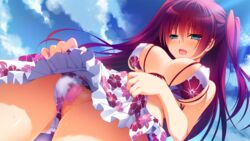 blue_eyes breasts censored clouds dildo front_wing game_cg long_hair masturbation nanaca_mai ousaka_kanae pussy red_hair sky swimsuit vibrator