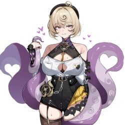 absurdres accessories asymmetrical_shorts bare_shoulders black_bow black_hat black_shorts blonde_hair blush bow breasts button_gap chains cleavage commentary detached_sleeves female female_only hair_between_eyes hat heart high-waist_shorts highres large_breasts looking_at_viewer mole mole_under_mouth monster_girl octopus oxooxo666 purple_eyes scylla short_hair shorts simple_background single_thighhigh solo spiral standing sweat symbol-only_commentary tentacle tentacle_girl tentacle_grab tentacle_tail thighhighs white_background yidhari_murphy zenless_zone_zero