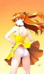 ai-created ai_generated artist_name ass asuka_langley asuka_langley_sohryu back bare_arms bare_shoulders blue_choker blue_eyes breasts choker closed_mouth clothes_lift clothes_pull clothing cowboy_shot dress dress_lift female floating_hair from_behind gradient gradient_background hair_between_eyes hair_ornament hands_on_hips hands_on_own_hips headgear headwear high_resolution interface_headset kneepits light_smile long_hair looking_at_viewer looking_back neon_genesis_evangelion orange_background orange_hair panchira panties pantsu posterior_cleavage short_dress shoulder_blades sideboob simple_background sleeveless sleeveless_dress small_breasts smile solo spread_legs standing sundress thighs two_side_up underwear upskirt white_panties white_underwear wind wind_lift yellow_background yellow_dress