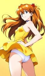 ai-created ai_generated ass asuka_langley asuka_langley_sohryu bare_arms bare_shoulders blue_choker blue_eyes breasts choker closed_mouth clothes_lift clothing cowboy_shot dress dress_lift female from_behind gradient gradient_background hair_between_eyes hair_ornament hand_on_hip hand_on_own_hip hands_on_hips hands_on_own_hips interface_headset long_hair looking_at_viewer looking_back neon_genesis_evangelion orange_hair panchira panties pantsu short_dress simple_background sleeveless sleeveless_dress small_breasts smile smug solo standing sundress thighs two_side_up underwear upskirt white_panties white_underwear wind wind_lift yellow_background yellow_dress