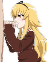 blonde_hair blush cardigan censored cum cum_in_mouth fellatio female hair_ribbon handjob highres long_hair mikakunin_de_shinkoukei oral penis ribbon school_uniform sleeves_past_wrists solo_focus straight suetsugi_konoha takeda_yukimura yellow_eyes