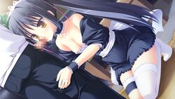 black_hair censored fellatio game_cg hooksoft long_hair maid oral rakko_(makarakko) sakura_hanpen sugirly_wish thighhighs tied_hair twintails yellow_eyes yusa_kurumi