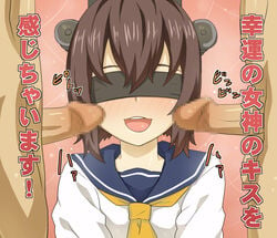 1girls 2boys :3 blindfold blush brown_hair erection female kameneji kantai_collection multiple_boys multiple_penises open_mouth penis personification sailor_dress short_hair smile straight text threesome translation_request yukikaze_(kantai_collection)