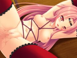 arms_behind_head blush bondage breasts censored collarbone dbsm diadem female female gakuen_sei_senshi_sailor_knight_2:_seigi_no_heroine_kanzen_akuochi_manual game_cg long_hair nipple open_mouth pink_hair red_eyes rope sakura_romako shinku_tsukihime solo straight_hair