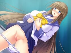 blue_eyes blush breasts brown_hair censored chalkboard female game_cg highres huge_breasts kasou_shinshoku:_virtual_hack_online legs long_hair looking_away midorigi_mura open_mouth panties panty_pull pussy school_uniform skirt standing thighs underwear