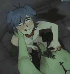 2d_(gorillaz) blue_hair collar collar_only collar_tag dog_ears gay gorillaz green_skin green_skinned_male holding holding_penis jerking_off jerking_off_hand_motion jerkingoff light-skinned_male light_skin looking_at_viewer male male/male male_focus male_only male_pov masturbating masturbation murdoc_niccals penis penis_out sammym332 tongue tongue_out upside-down upside_down_cross yaoi
