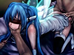 1girls 2boys bar_censor bed blindfold blue_hair censored color cum cum_in_mouth cum_on_ass cum_string elbow_gloves female gangbang gloves human long_hair male multiple_boys nymph_(sora_no_otoshimono) penis sora_no_otoshimono tied_hair twintails very_long_hair