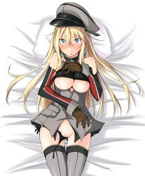 areola_slip areolae bangs bare_shoulders bed bed_sheet bismarck_(kantai_collection) black_panties blonde_hair blue_eyes blush body_blush breasts brown_gloves censored collar detached_sleeves embarrassed female female gloves grey_legwear grey_shirt hair_between_eyes hand_on_own_chest hands hat highres kaminagi_(kaminagi-tei) kantai_collection long_hair looking_at_viewer lowleg lowleg_panties lying military military_uniform no_pants on_back open_mouth panties peaked_cap personification pillow pussy shirt_lift skirt sleeveless sleeveless_shirt solo tears thigh_gap thighhighs thighs underboob underwear undressing untied