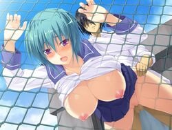 areolae bent_over black_hair blush breasts censored clouds female fence game_cg green_hair highres huge_breasts kasou_shinshoku:_virtual_hack_online legs midorigi_mura nipples no_panties open_mouth penis purple_eyes school_uniform sex shirt_lift short_hair skirt sky thighs vaginal_penetration