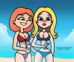 2girls american_dad artist_name beach bikini blonde_hair blue_bikini blush family_guy francine_smith hand_on_another's_ass ice_cream lois_griffin necklace orange_hair red_bikini style_parody swimsuit vaultman