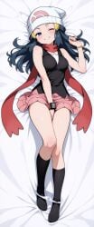 1girls ai_generated blush closed_legs dakimakura dakimakura_design dawn_(pokemon) hand_between_legs hand_up kneehighs kslgsnb laying_on_back laying_on_bed long_hair medium_breasts on_back on_bed one_eye_closed panties panties_around_legs panties_down pokemon pokemon_dppt scarf shirt sidelocks skirt sleeveless_shirt solo solo_female thighs white_headwear yodayo