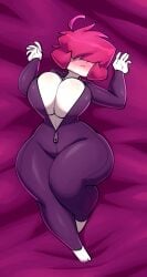 1girls arms_up barefoot big_breasts bigdad blush bodysuit breasts closed_mouth covered_eyes female female_only full_body gaz_membrane gazlene_membrane hair_over_eyes highres huge_breasts invader_zim lying navel nickelodeon nicktoons on_back open_hands pink_hair purple_bodysuit solo solo_female thicc_gaz thick_thighs thighs wide_hips