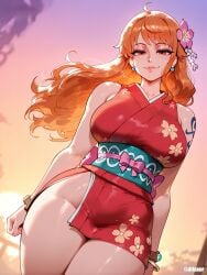 1girls ai_generated breasts cleavage difuxer female female_only kimono large_breasts light-skinned_female light_skin nami nami_(one_piece) one_piece orange_hair solo thighs wide_hips