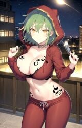 1girl ai_generated balcony blush bra breast_tattoo breasts building champagne_flute choker city city_lights cityscape cleavage closed_mouth collarbone contrapposto cowboy_shot crop_top cropped_jacket cup drawstring drinking_glass female glint green_hair groin hair_between_eyes hands_up hikage_(senran_kagura) holding holding_cup hood hood_up hooded_jacket hoodie jacket knife lamppost large_breasts long_sleeves looking_at_viewer midriff moon navel night night_sky open_clothes open_jacket outdoors pants pixiv railing red_jacket red_pants red_shirt rena_aikawa_(pixiv_user) rooftop senran_kagura senran_kagura_(series) shirt short_hair sidelocks sky slit_pupils smile solo stable_diffusion standing star_(sky) starry_sky stomach stomach_tattoo tagme tattoo thighs torn_clothes torn_clothing track_pants underwear wine_glass yellow_eyes