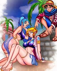 2girls1boy big_ass blue_hair curvy curvy_body curvy_female curvy_figure flores monkey_d_luffy nami nefertari_vivi one_piece orange_hair