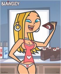 1girls apron blaineley_(tdi) blonde_hair blue_eyes cake earrings panties total_drama_island underwear vaultman