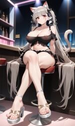 ai_generated azur_lane belly big_breasts brown_eyes cat_ears cat_tail feet foot_fetish formidable_(azur_lane) gray_hair heels hentaihero27 legs_crossed light-skinned_female long_twintails miniskirt night nipples nipples_visible_through_clothing sandals see-through see-through_clothing sitting_on_stool skirt stomach stool thighs thong_straps toes twintails