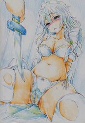 blush bra braid breasts colored_pencil_(medium) female hi_res high_resolution highres knife maid_headdress navel nichibotsu_(kitaziman) panties pussy_juice red_eyes sakuya_izayoi short_hair side-tie_panties solo_focus tears thighhighs tied torn_clothes torn_thighhighs touhou traditional_media twin_braids underwear white_hair white_legwear white_panties