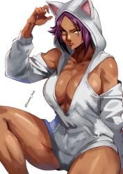 1girls big_breasts bleach bodysuit cat_hoodie cleavage dark-skinned_female dark_skin hoodie insomn_bion looking_at_viewer purple_hair shihouin_yoruichi sitting solo solo_female thick_lips thick_thighs yellow_eyes