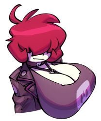 between_breasts big_breasts bigdad breasts closed_mouth collar covered_eyes female gaz_membrane gazlene_membrane hair_over_eyes huge_breasts invader_zim jacket leather leather_jacket light_smile nickelodeon nicktoons purple_jacket purple_shirt red_hair shirt short_hair solo sticker strap_between_breasts thicc_gaz transparent_background white_outline