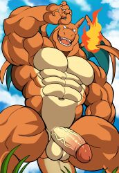 5_fingers abs absurd_res anthro balls biped charizard claws countershade_tail countershade_torso countershading darknaigart fingers fire flaming_tail generation_1_pokemon genitals glans hi_res humanoid_genitalia humanoid_penis male muscular muscular_anthro muscular_male nintendo open_mouth open_smile orange_body pecs penis pokemon pokemon_(species) smile solo solo_male tail vein veiny_penis