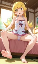 1girls ai_generated bakemonogatari blonde_hair feet female lay-oreo legs_apart looking_at_viewer monogatari_(series) oshino_shinobu panties penis small_breasts spread_legs surprised surprised_expression tagme yellow_eyes