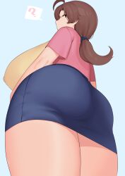 1girls ? ass big_breasts blue_skirt breasts brown_eyes brown_hair clothing delia_ketchum_(pokemon) female female_only hair huge_breasts looking_back low-angle_view mature mature_female mature_woman milf moebell mother pencil_skirt pokemon pokemon_(anime) ponytail question_mark skirt solo solo_female speech_bubble thighs