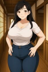 ai_generated big_breasts blue_jeans hands_on_hips japanese_house looking_at_viewer mature mature_body mature_female mature_figure mature_woman milf mommy mother motherly motherly_figure original_character thick_thighs white_shirt wide_hips