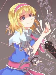 alice_margatroid blonde_hair blue_eyes bondage capelet cum dress female femdom frills hair_ribbon highres magic_penis male milky_star naughty_face penis ribbon short_hair smile string text touhou