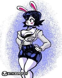 1girls big_breasts black_hair bra bra_peek bunny bunny_girl felix_(dvampiresmile) female female_focus female_only fully_clothed hare hare_humanoid hi_res hourglass_figure office_clothing office_lady pixel_art short_hair th3gadfly thick_thighs white_body white_skin wide_hips