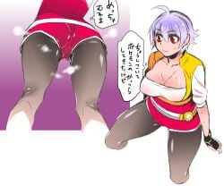 ahoge alternate_costume ass ass_shot big_breasts canon_genderswap chokukame cleavage female female_only fully_clothed genderswap_(mtf) ginko_sakata gintama gintoki_sakata leggings light_purple_hair low-angle_view nervous_smile pokemon pokemon_trainer purple_hair red_eyes rule_63 shiny_skin short_hair short_shorts shorts smile solo sweatdrop thick_thighs very_short_hair