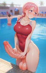 bare_arms blurry blurry_background braid breasts cleavage closed_mouth commentary covered_navel english_commentary erection female foreskin futanari hand_on_own_penis highres huge_cock huge_testicles large_breasts long_hair one-piece_swimsuit original outdoors penis phimosis pink_hair pool precum purple_eyes red_one-piece_swimsuit solo_focus swimsuit testicles textless_version twitching_penis uncensored veins veiny_penis wading water zoryc