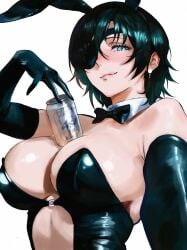 1girls beer big_breasts black_hair blue_eyes blushing blushing_at_viewer bunny_ears bunnysuit chainsaw_man eye_patch eyepatch himeno_(chainsaw_man) insomn_bion light-skinned_female light_skin looking_at_viewer short_hair simple_background smiling smiling_at_viewer solo solo_female