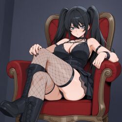 1girls ai_generated black_hair blue_eyes cleavage fishnets goth_girl light-skinned_female solo_female