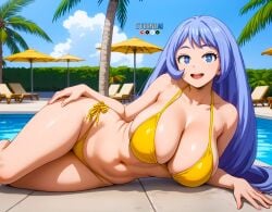 1girls ai_generated anime bangs beautiful belly_button bikini blue_hair_female daytime divine_beauty eternoai goddess heavenly_face heroine high_school high_school_student light_blue_hair looking_at_viewer lying_on_side massive_breasts my_hero_academia nejire_hado perfect_body poolside posing seductive_gaze seductive_pose skimpy smiling summer superheroine swimming_pool swimsuit thick_thighs vacation yellow_bikini young_female