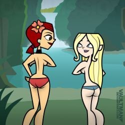 2girls artist_name ass bikini_bottom blonde_hair covering_breasts dawn_(tdi) red_hair topless topless_female total_drama_island vaultman zoey_(tdi)