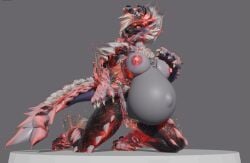 3d anthro apekweit belly big_belly bioluminescence blender_(artwork) breasts capcom digital_media_(artwork) fanged_wyvern female glowing hand_on_breast hand_on_hip hi_res kneeling looking_at_viewer monster_hunter nipples open_mouth phrostbite platform pregnant pregnant_anthro pregnant_female scales solo spines stygian_zinogre tail tongue tongue_out zinogre zinogre_(apekweit)