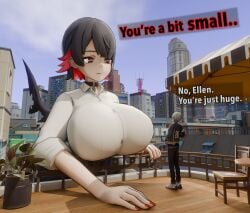 1boy 1girls big_breasts decodec ellen_joe female giant giantess giantess_growth growth macro micro tagme wise_(zenless_zone_zero) zenless_zone_zero