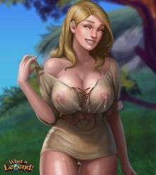 1woman 2d areola_visible_through_clothing big_booty big_tits blonde_female blonde_hair_female boobs breasts female long_hair_female magicnuts myrtle_(what_a_legend) nipples_visible_through_clothing outfit_wet see-through_clothing smile tits wet wet_body wet_clothes wet_clothing widowed_milf