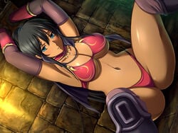 1girls aqua_eyes black_hair bondage boots breasts cape cleavage cuffs dark_skin demonion demonion_~maou_no_chika_yousai~ female game_cg julian_balcraft large_breasts long_hair m&m_(mickey_and_mackey) panties prisoner restrained slave solo stocks underboob