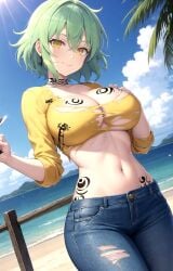 1girl ai_generated beach black_choker blue_pants blue_sky blush breast_tattoo breasts choker cleavage closed_mouth cloud collarbone cowboy_shot crop_top day denim dutch_angle earrings female green_hair hair_between_eyes hand_on_own_chest hikage_(senran_kagura) holding horizon jeans jewelry large_breasts linea_alba long_sleeves looking_at_viewer midriff navel no_bra ocean outdoors palm_tree pants pixiv rena_aikawa_(pixiv_user) sand senran_kagura senran_kagura_(series) shirt shore short_hair sky slit_pupils smile solo stable_diffusion standing stomach stomach_tattoo sunlight tagme tattoo thighs torn_clothes torn_jeans torn_pants torn_shirt tree underboob water yellow_eyes yellow_shirt