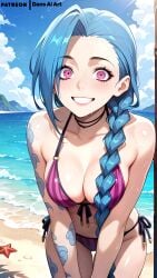 1girls ai_generated arcane beach blue_hair crazy_eyes crazy_smile dans_ai female jinx_(league_of_legends) league_of_legends pink_eyes small_breasts